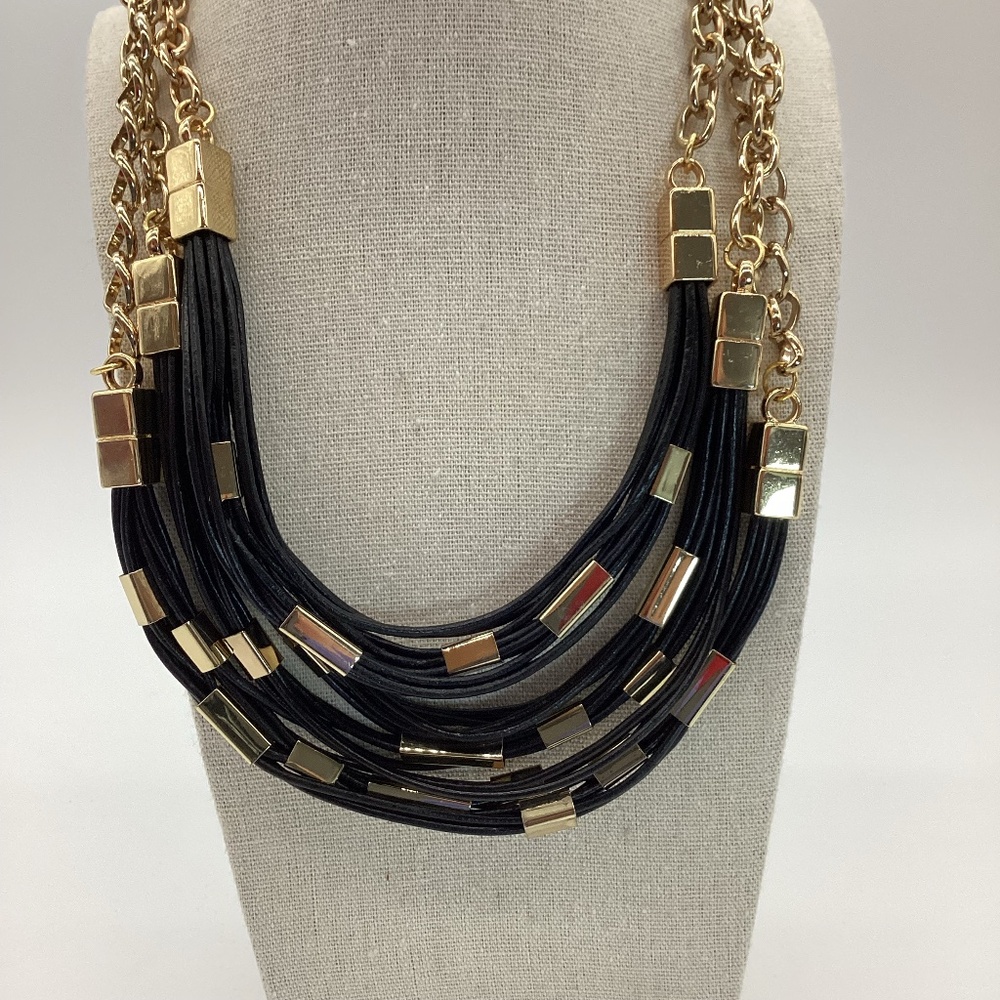 780. Triple Layered Black Leather Necklace w/ Adjustable Gold Boxes NWOT